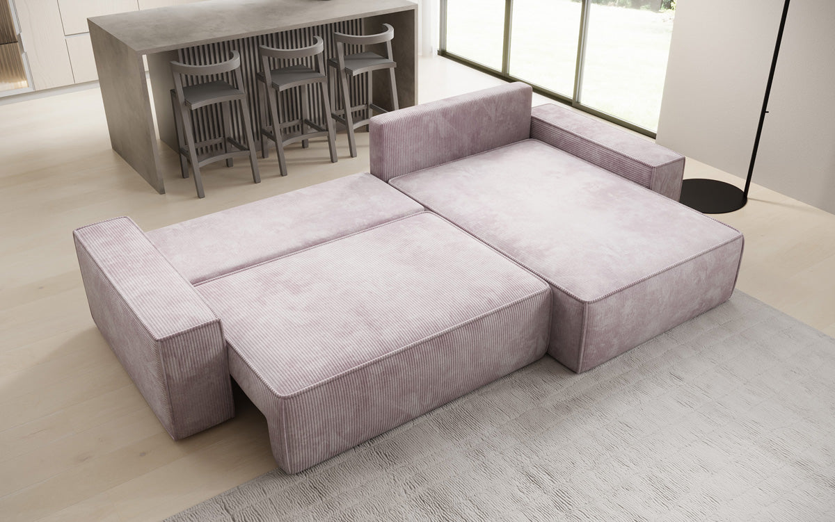 Canapé d’angle design Lunaro avec fonction couchage et fonction rabattable en Côtelé
