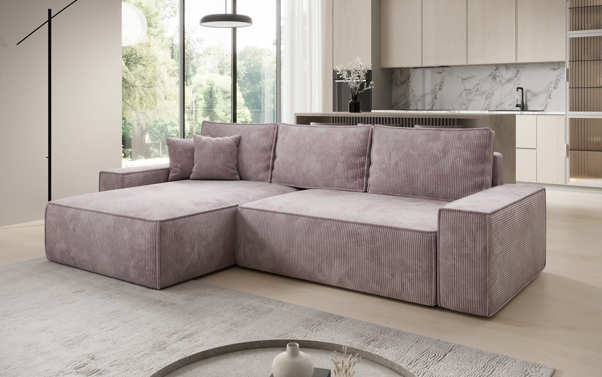 Canapé d’angle design Lunaro avec fonction couchage et fonction rabattable en Côtelé