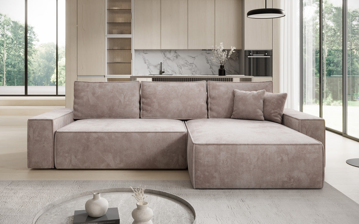 Canapé d’angle design Lunaro avec fonction couchage et fonction rabattable en Côtelé