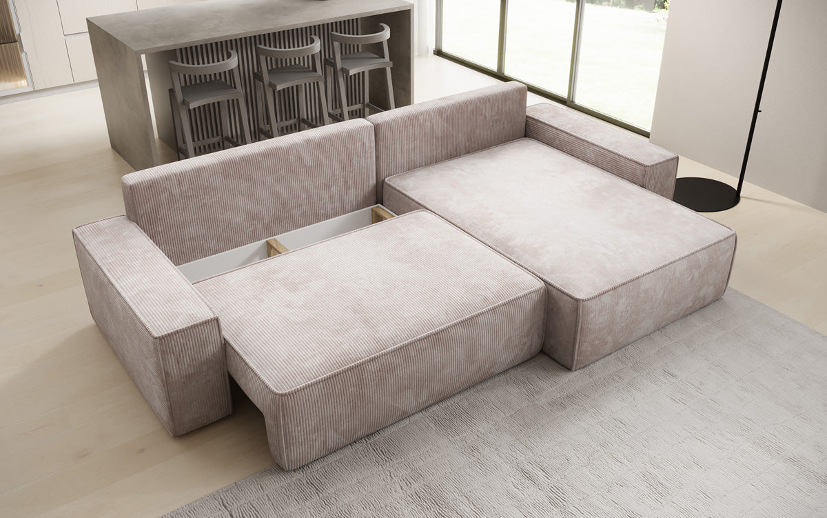 Canapé d’angle design Lunaro avec fonction couchage et fonction rabattable en Côtelé