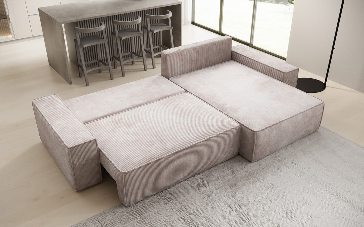 Canapé d’angle design Lunaro avec fonction couchage et fonction rabattable en Côtelé