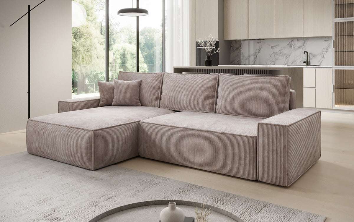 Canapé d’angle design Lunaro avec fonction couchage et fonction rabattable en Côtelé