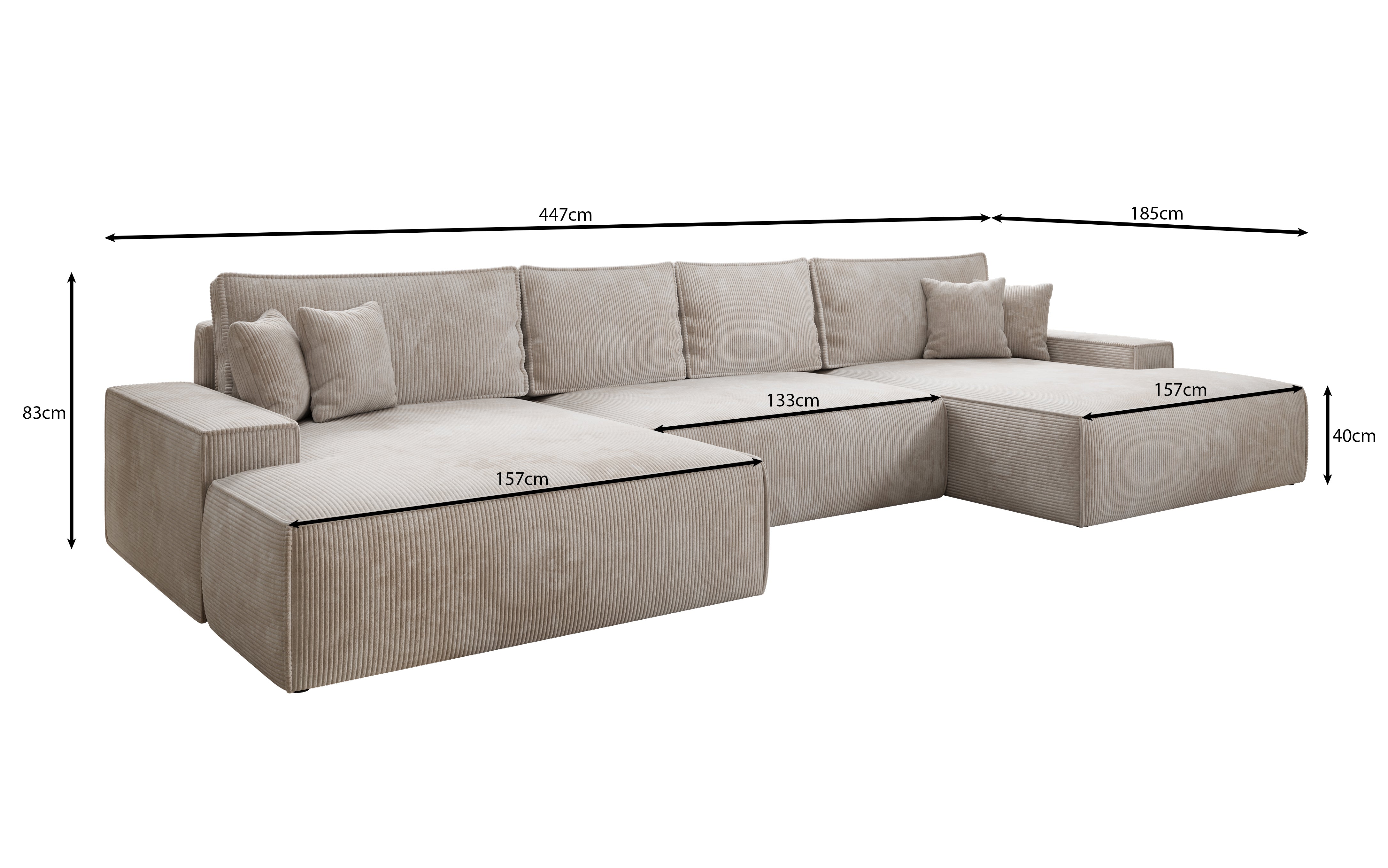 Canapé design Verona U avec une large ottomane, fonction couchage et espace de rangement, en Côtelé