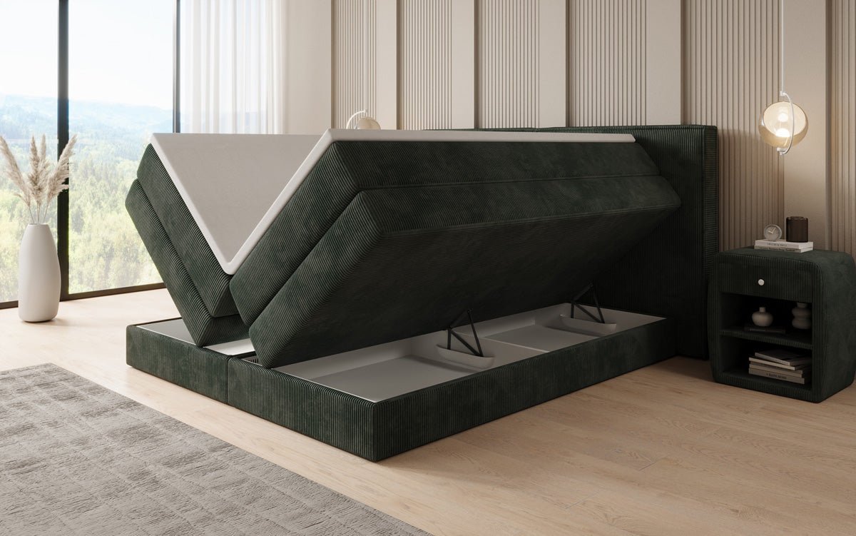 Lit boxspring Ophelia avec rangement relevable en côtelé