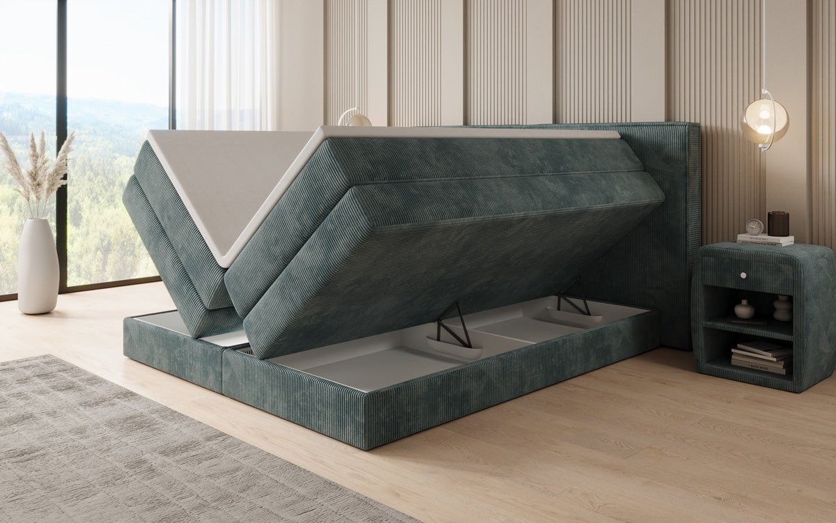 Lit boxspring Ophelia avec rangement relevable en côtelé