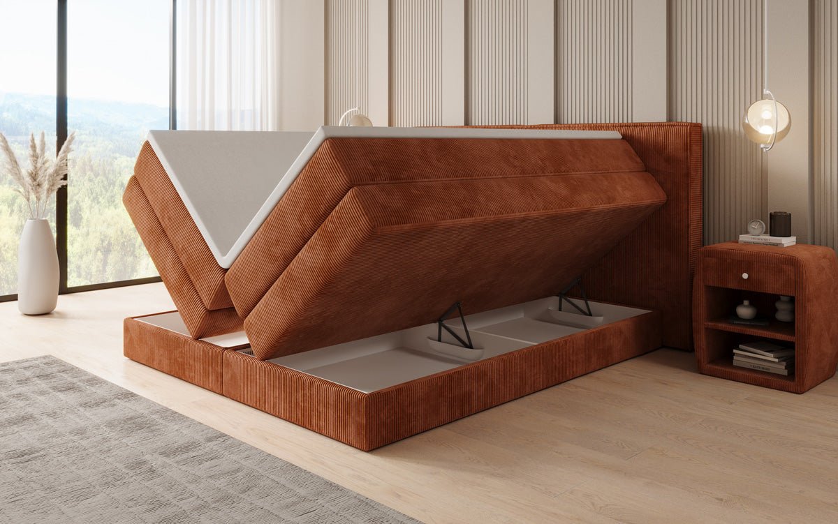Lit boxspring Ophelia avec rangement relevable en côtelé