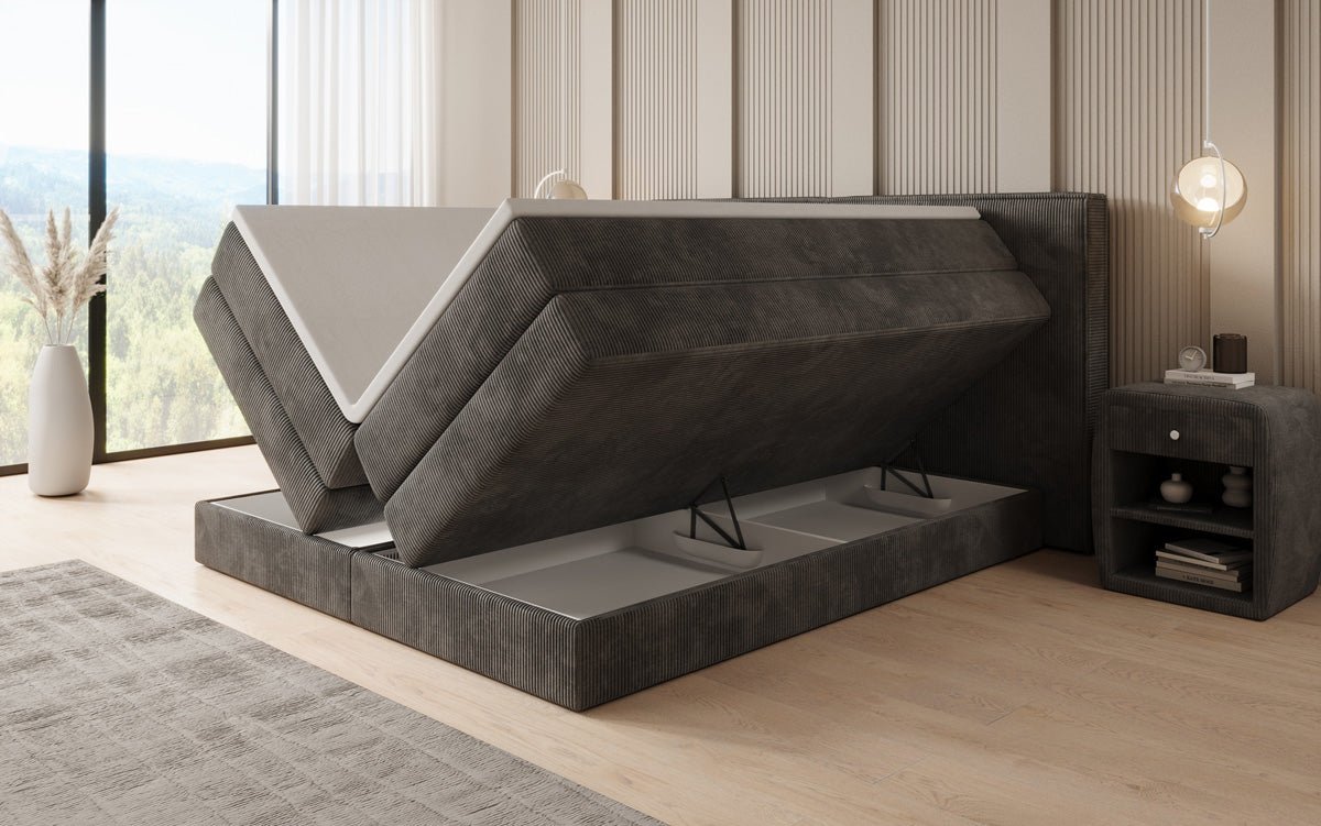 Lit boxspring Ophelia avec rangement relevable en côtelé