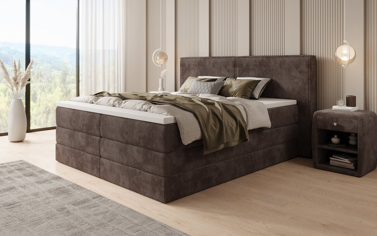 Lit boxspring Ophelia avec rangement relevable en côtelé
