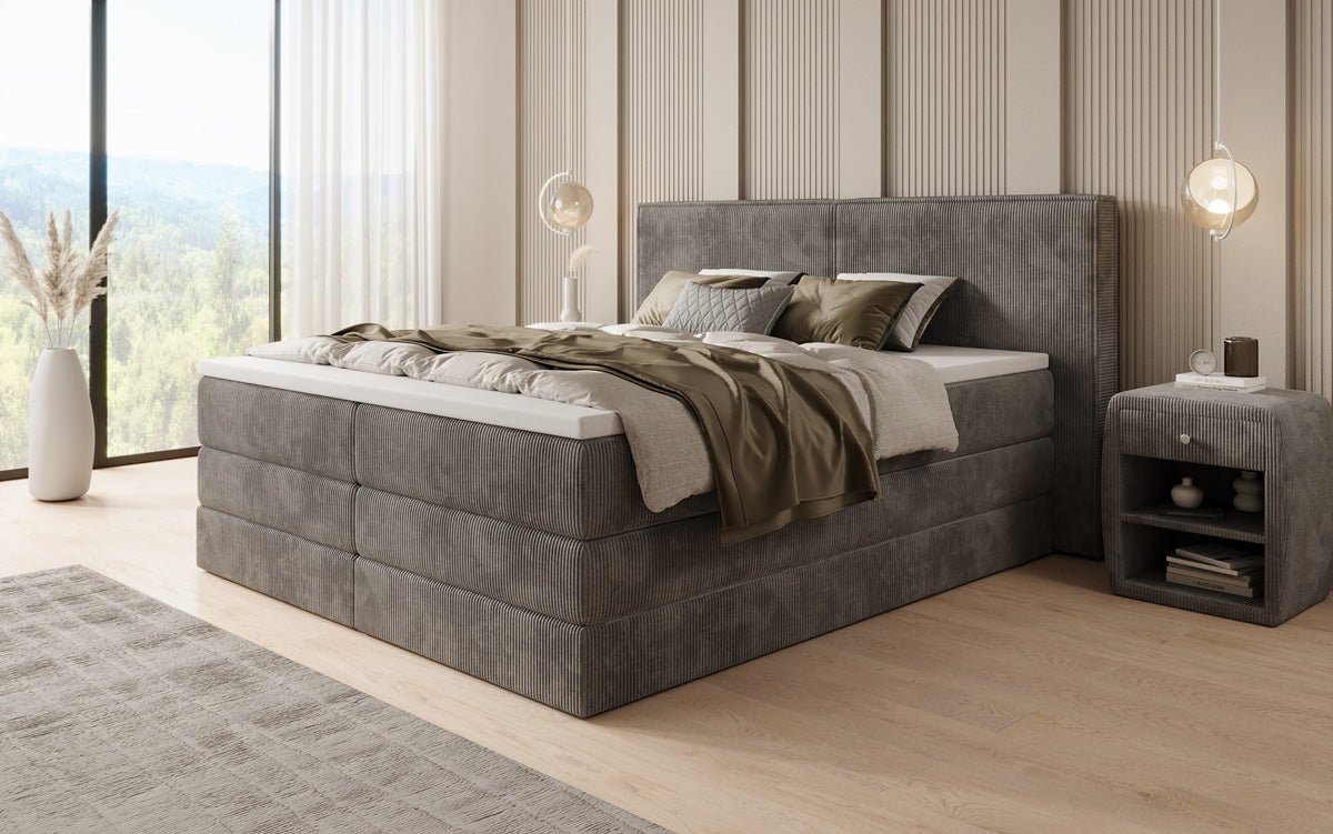 Lit boxspring Ophelia avec rangement relevable en côtelé
