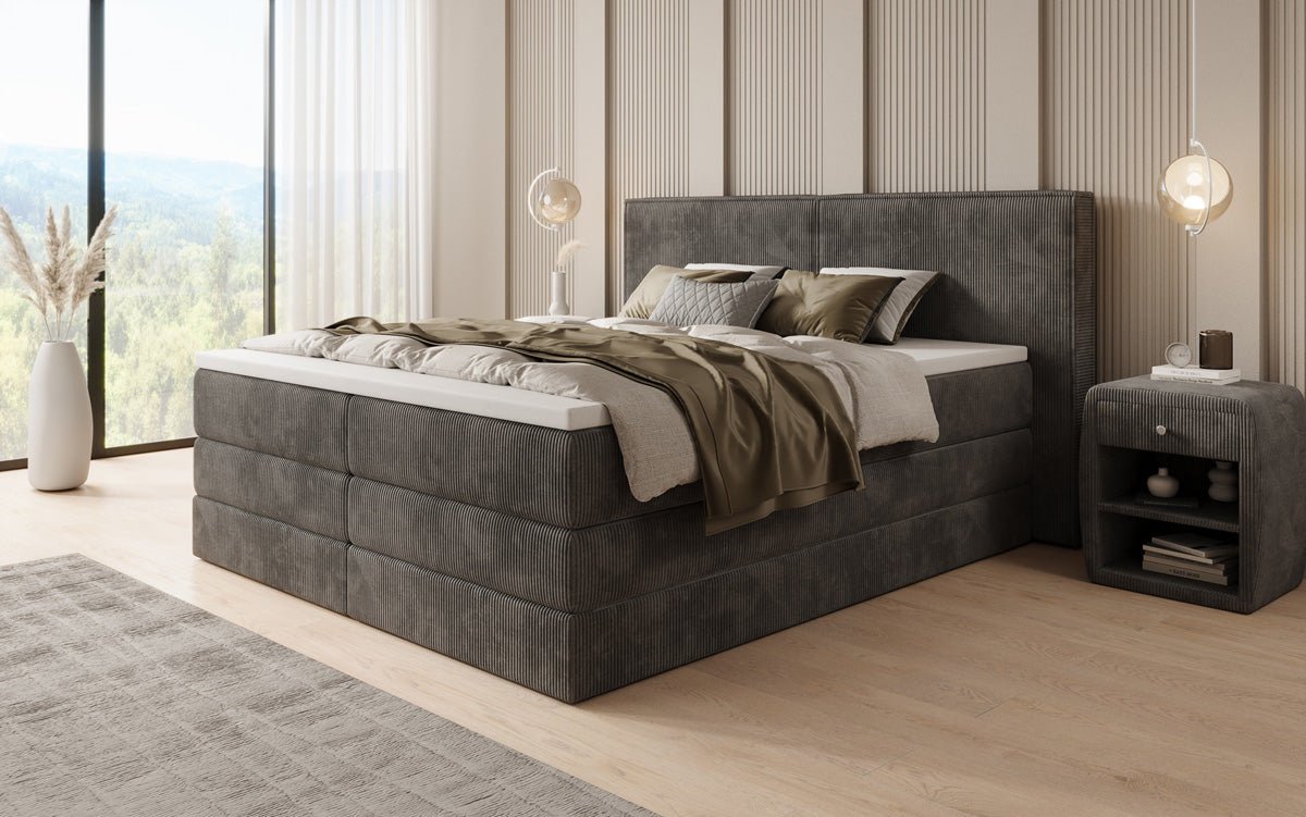 Lit boxspring Ophelia avec rangement relevable en côtelé