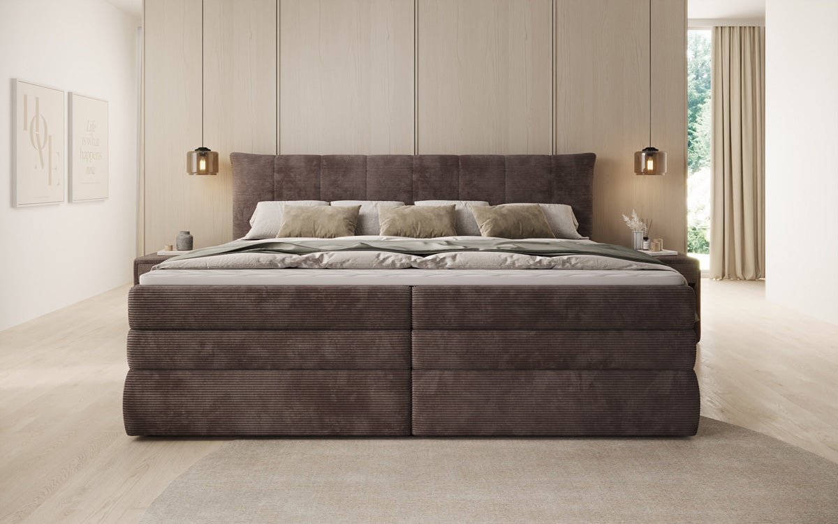 Lit boxspring familial Stella en 220/240x200 avec rangement en côtelé