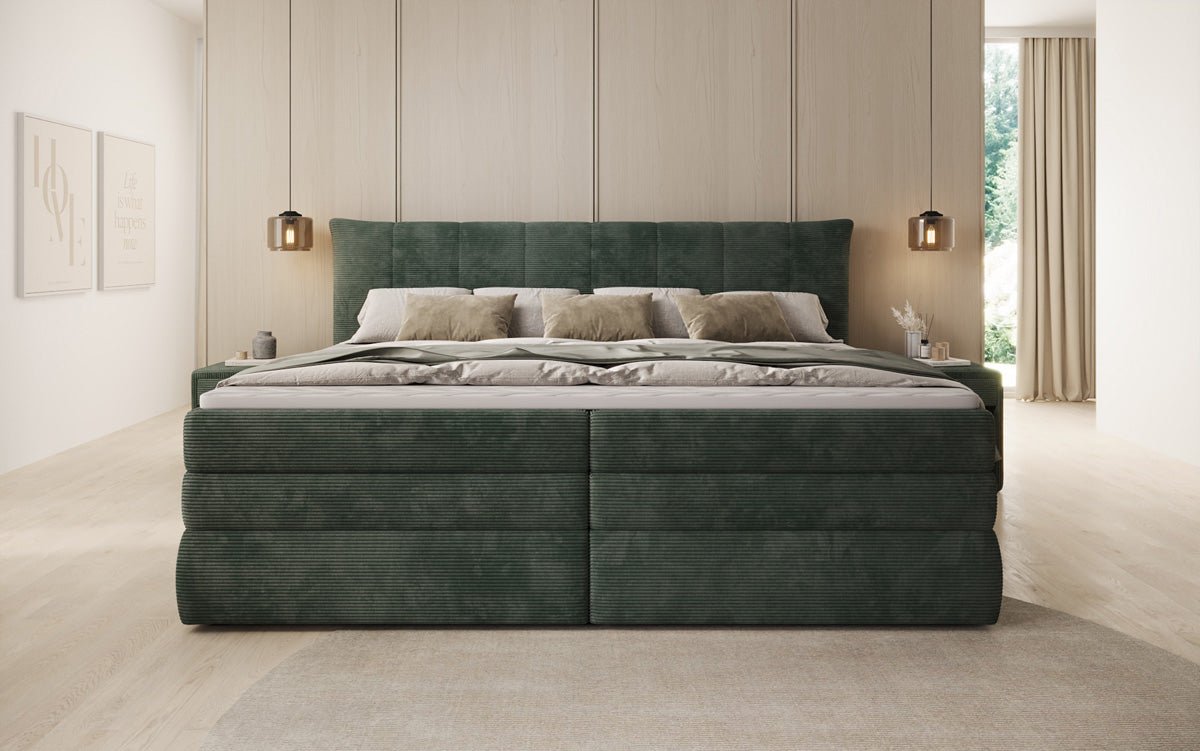 Lit boxspring familial Stella en 220/240x200 avec rangement en côtelé