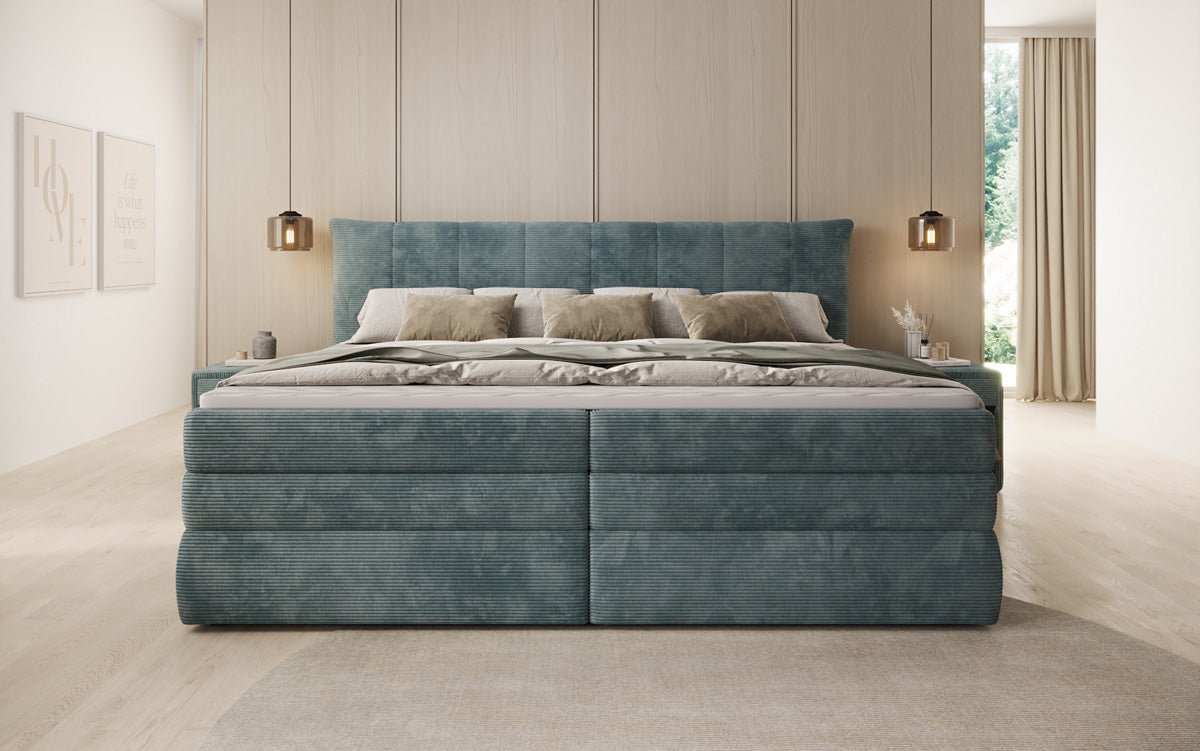 Lit boxspring familial Stella en 220/240x200 avec rangement en côtelé