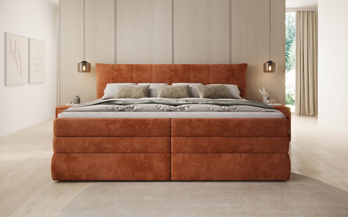 Lit boxspring familial Stella en 220/240x200 avec rangement en côtelé