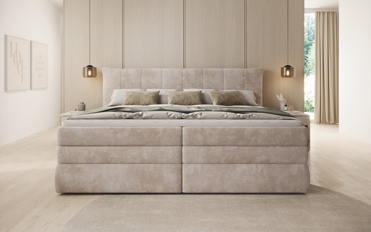 Lit boxspring familial Stella en 220/240x200 avec rangement en côtelé