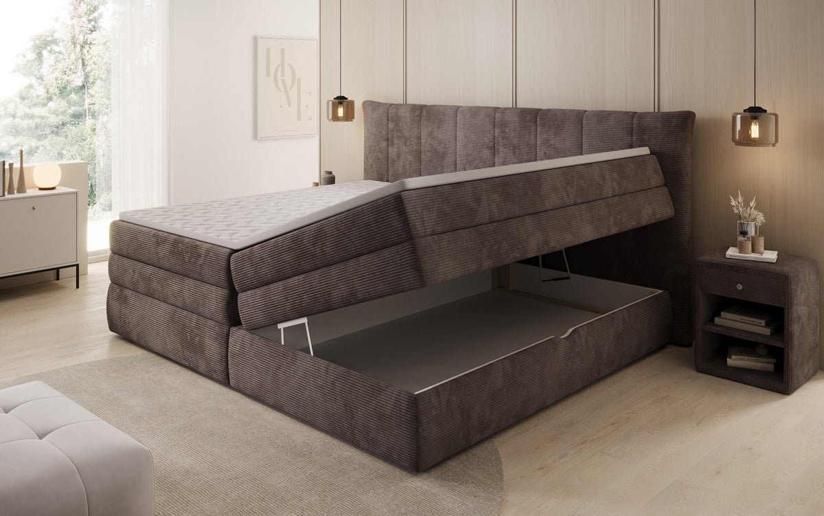 Lit boxspring familial Stella en 220/240x200 avec rangement en côtelé