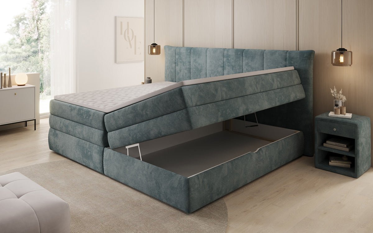 Lit boxspring familial Stella en 220/240x200 avec rangement en côtelé