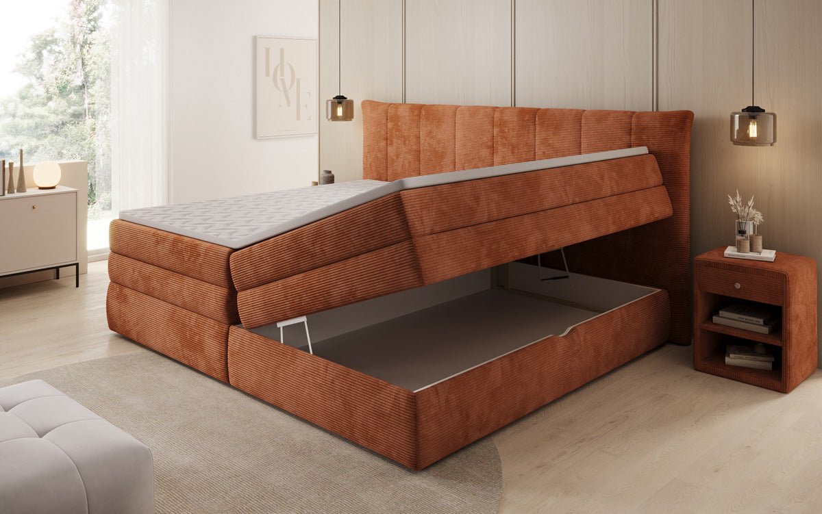 Lit boxspring familial Stella en 220/240x200 avec rangement en côtelé