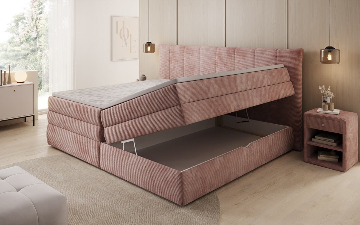 Lit boxspring familial Stella en 220/240x200 avec rangement en côtelé
