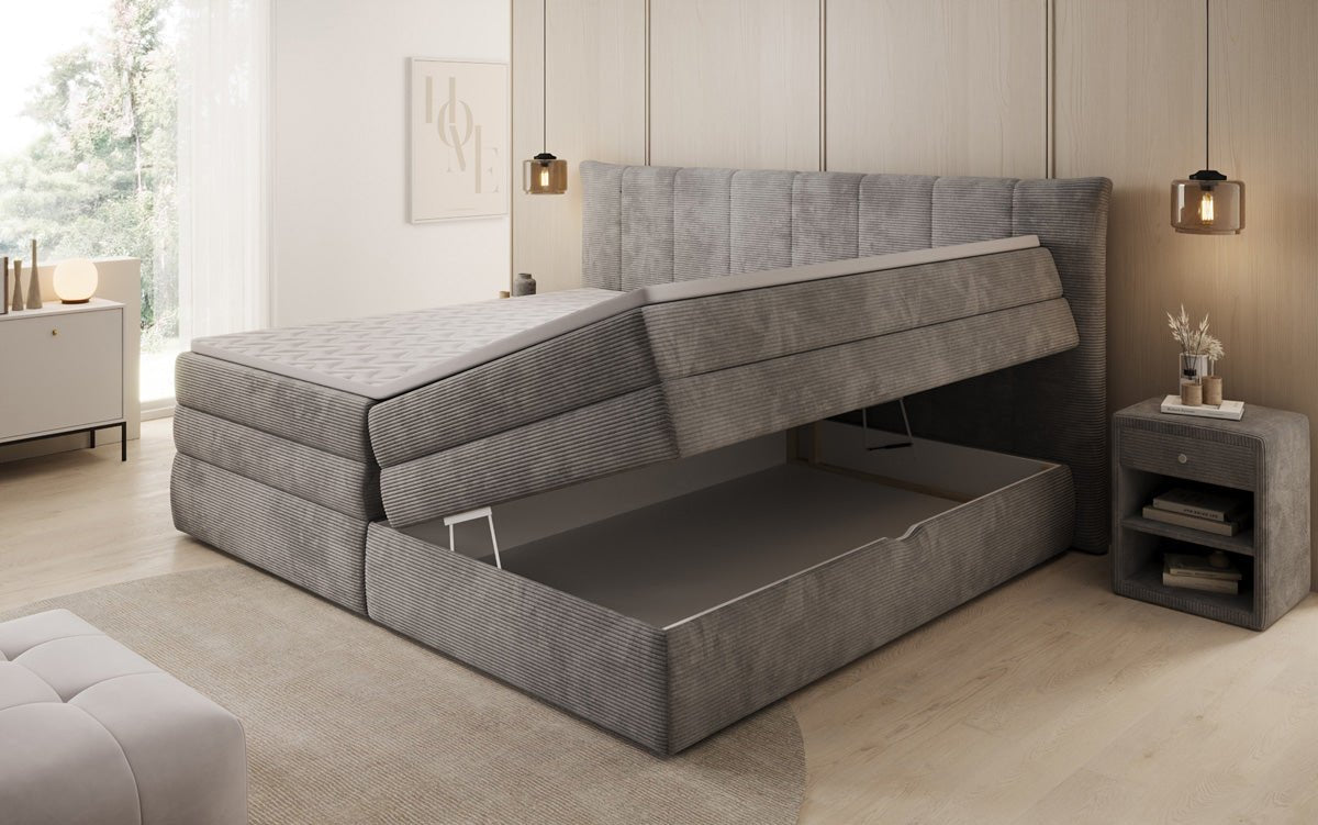 Lit boxspring familial Stella en 220/240x200 avec rangement en côtelé