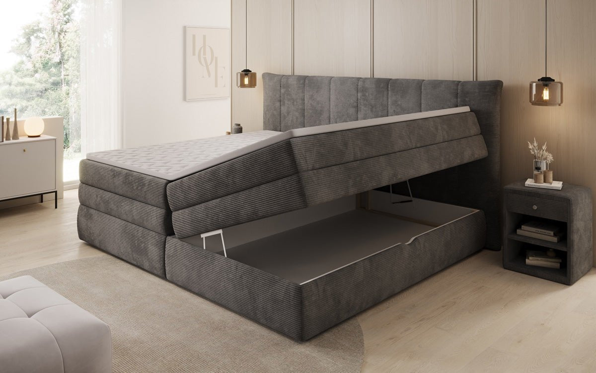 Lit boxspring familial Stella en 220/240x200 avec rangement en côtelé