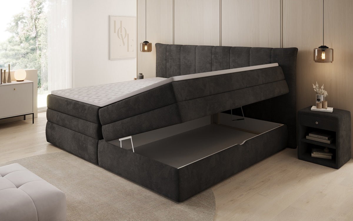 Lit boxspring familial Stella en 220/240x200 avec rangement en côtelé
