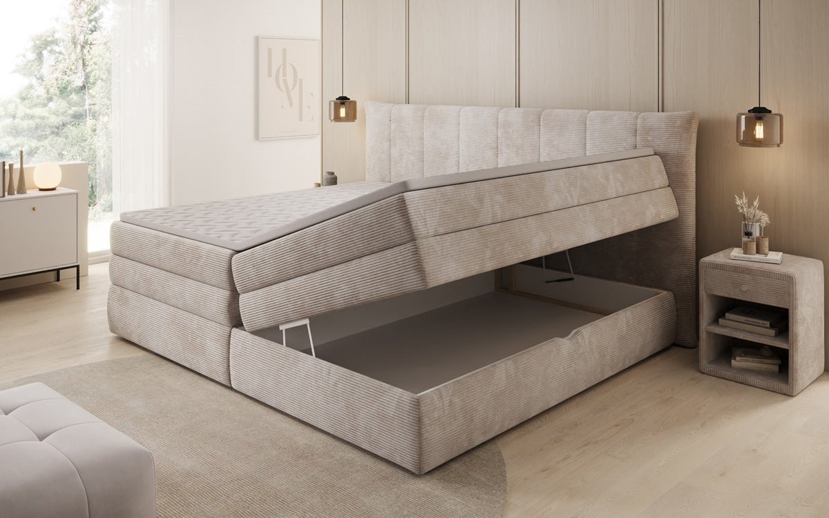 Lit boxspring familial Stella en 220/240x200 avec rangement en côtelé