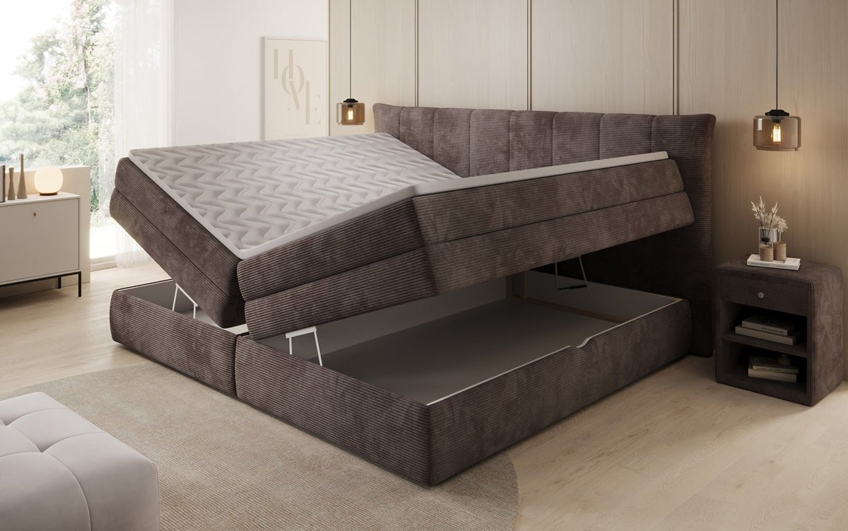 Lit boxspring familial Stella en 220/240x200 avec rangement en côtelé