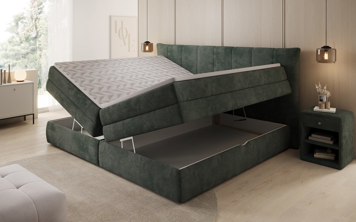 Lit boxspring familial Stella en 220/240x200 avec rangement en côtelé