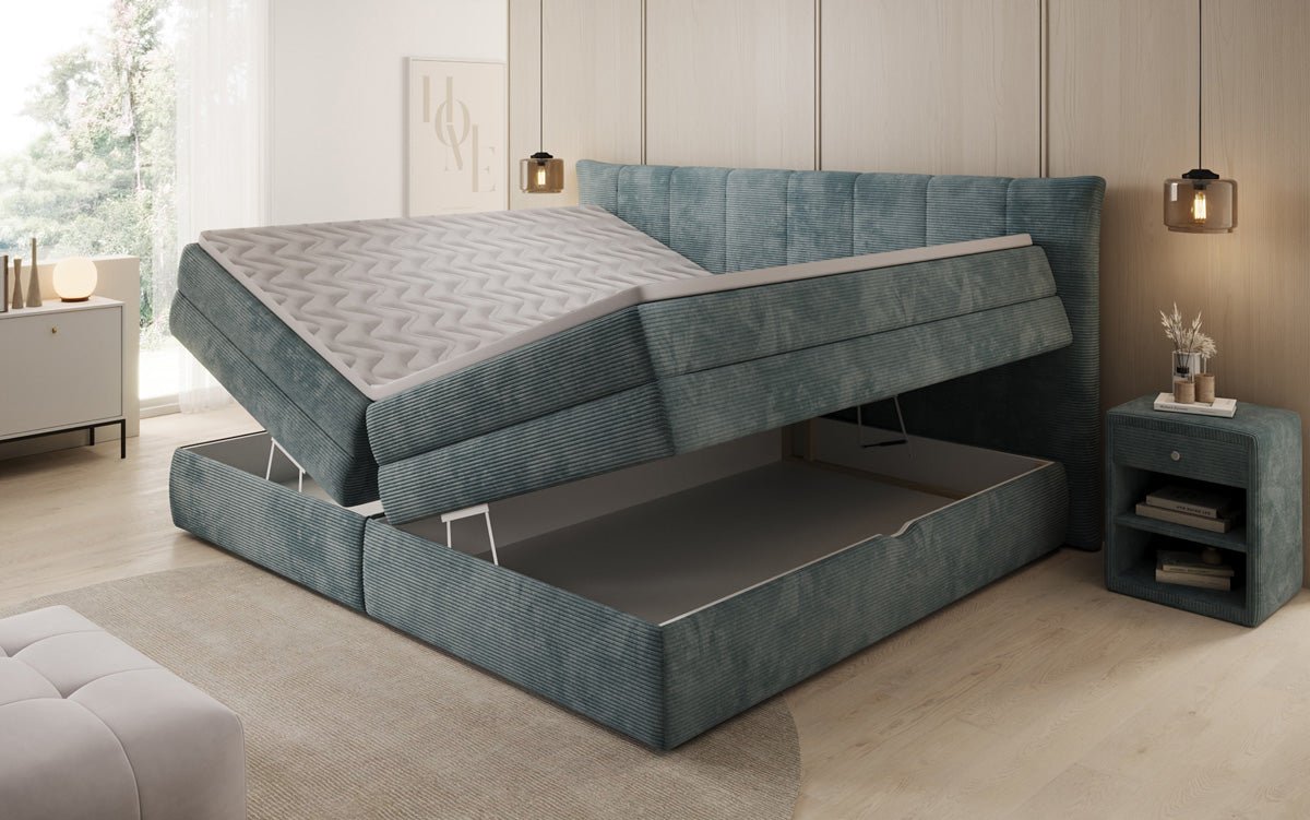 Lit boxspring familial Stella en 220/240x200 avec rangement en côtelé