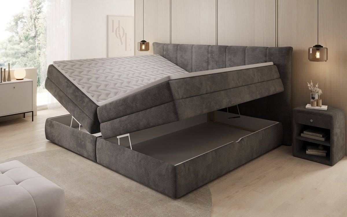 Lit boxspring familial Stella en 220/240x200 avec rangement en côtelé