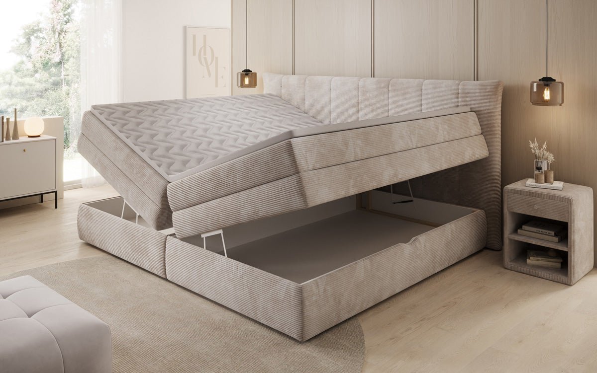 Lit boxspring familial Stella en 220/240x200 avec rangement en côtelé
