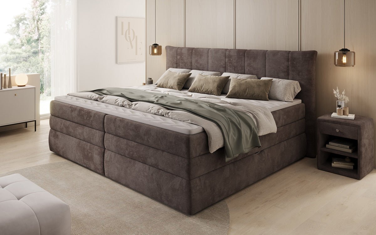 Lit boxspring familial Stella en 220/240x200 avec rangement en côtelé