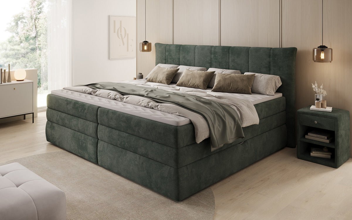 Lit boxspring familial Stella en 220/240x200 avec rangement en côtelé