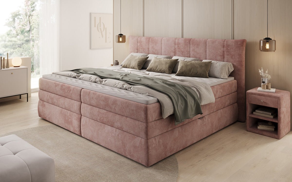 Lit boxspring familial Stella en 220/240x200 avec rangement en côtelé