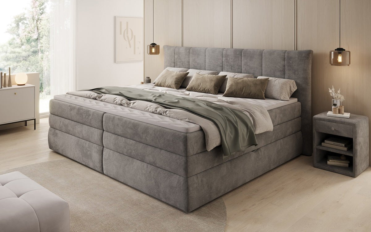 Lit boxspring familial Stella en 220/240x200 avec rangement en côtelé
