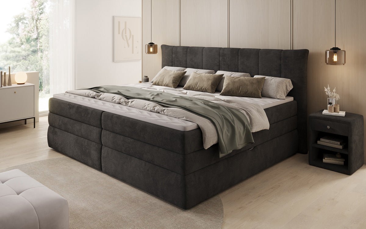 Lit boxspring familial Stella en 220/240x200 avec rangement en côtelé