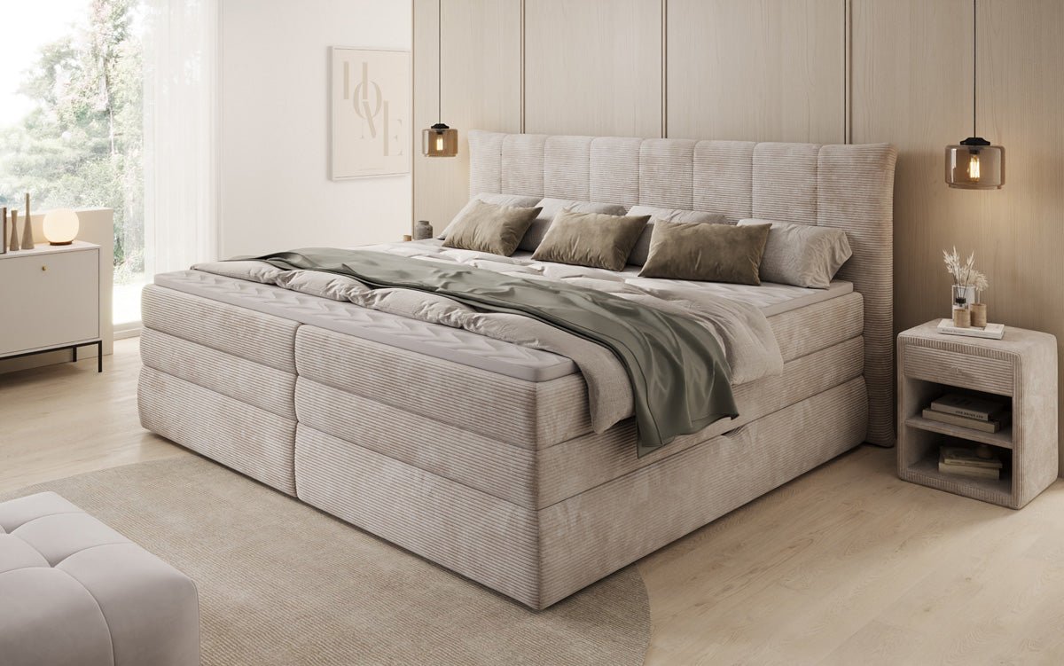 Lit boxspring familial Stella en 220/240x200 avec rangement en côtelé