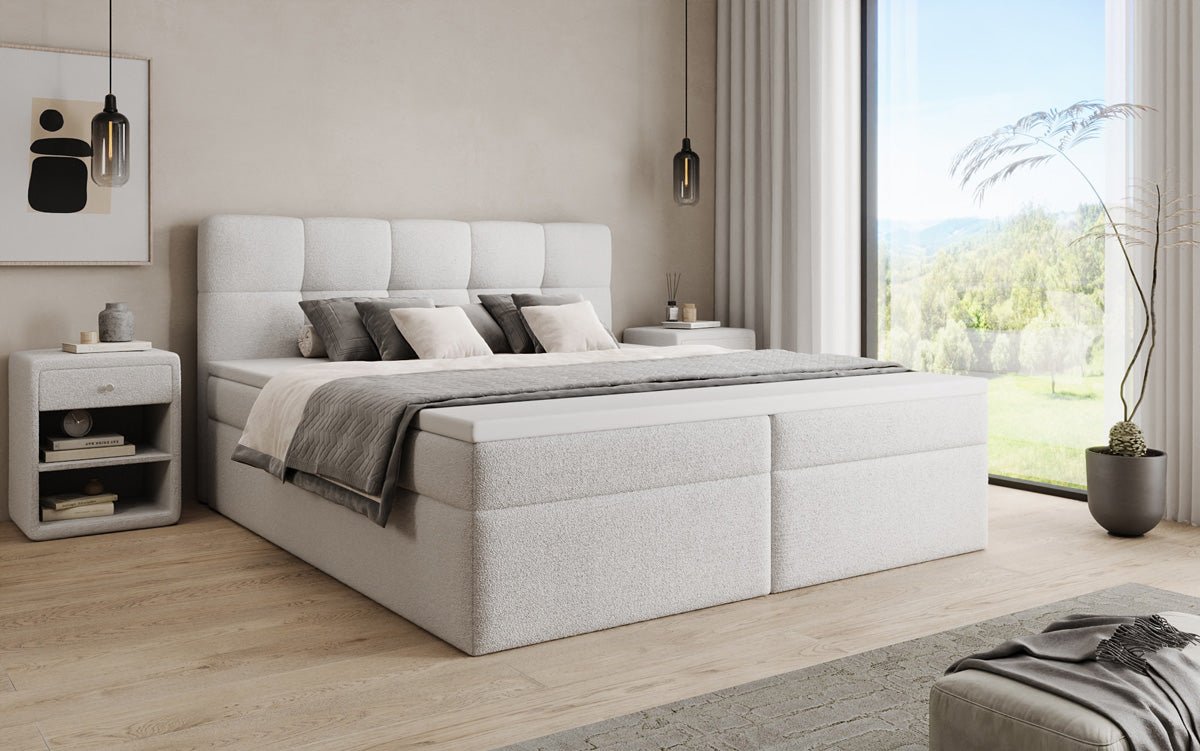 Lit boxspring Cozy II en peluche Bouclé avec rangement