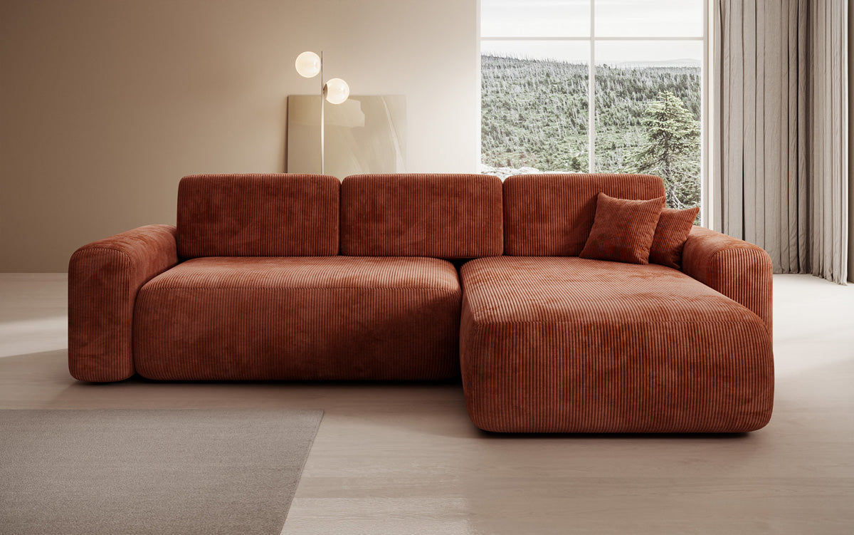 Canapé d’angle design Lola avec fonction couchage et fonction rabattable en Côtelé