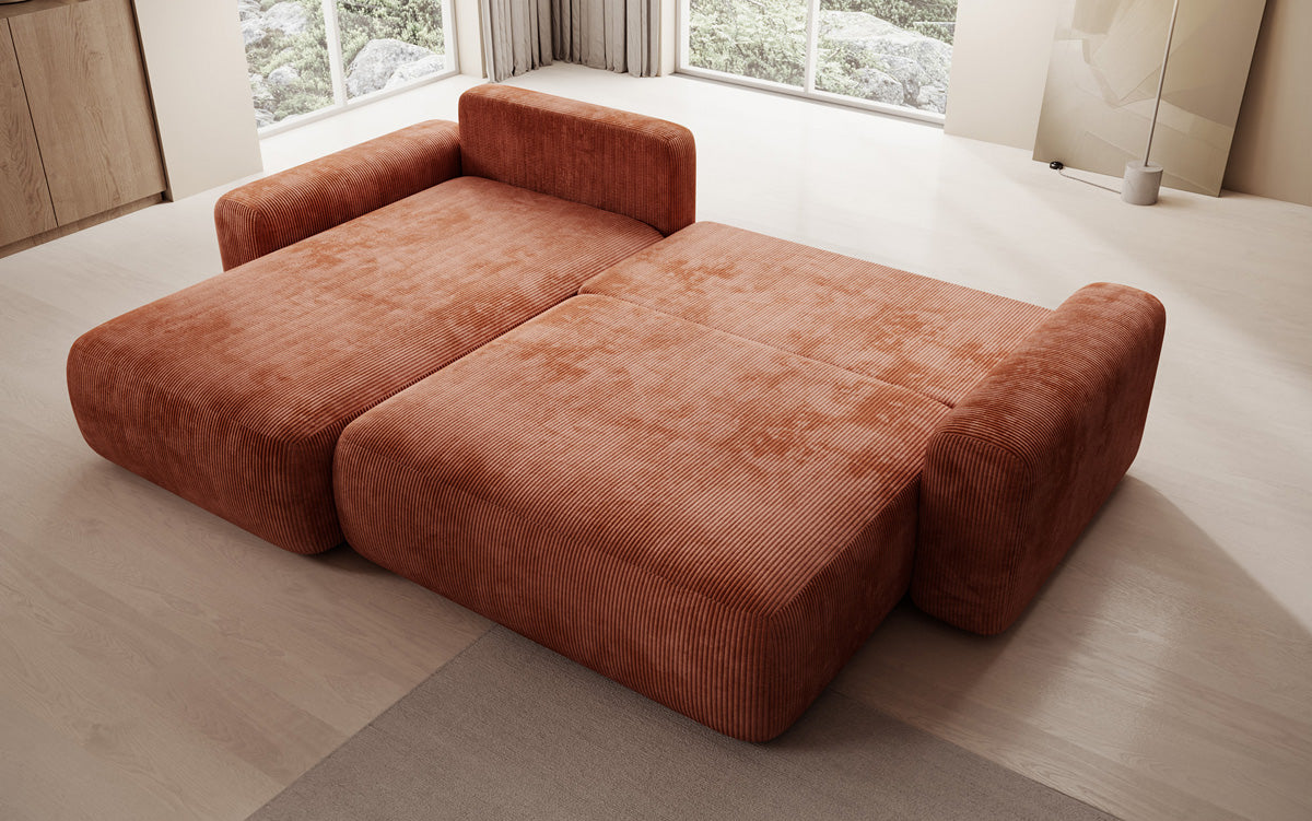 Canapé d’angle design Lola avec fonction couchage et fonction rabattable en Côtelé