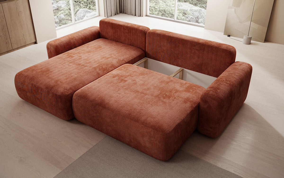Canapé d’angle design Lola avec fonction couchage et fonction rabattable en Côtelé