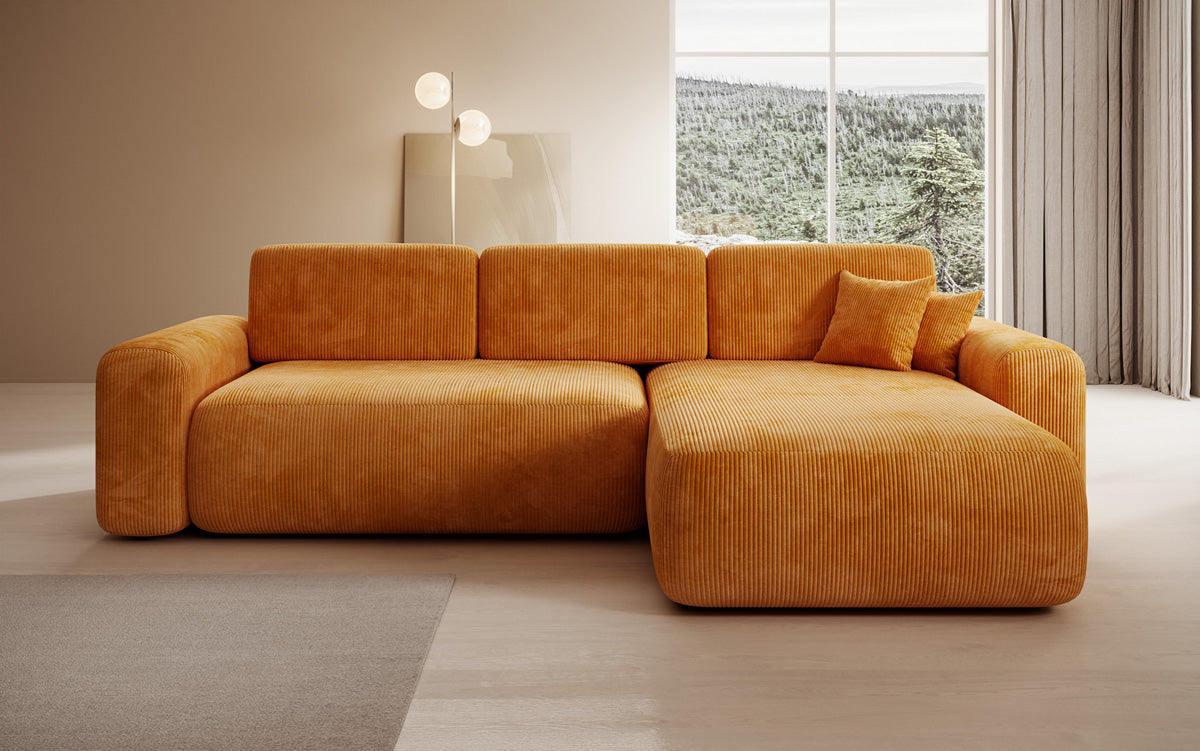 Canapé d’angle design Lola avec fonction couchage et fonction rabattable en Côtelé