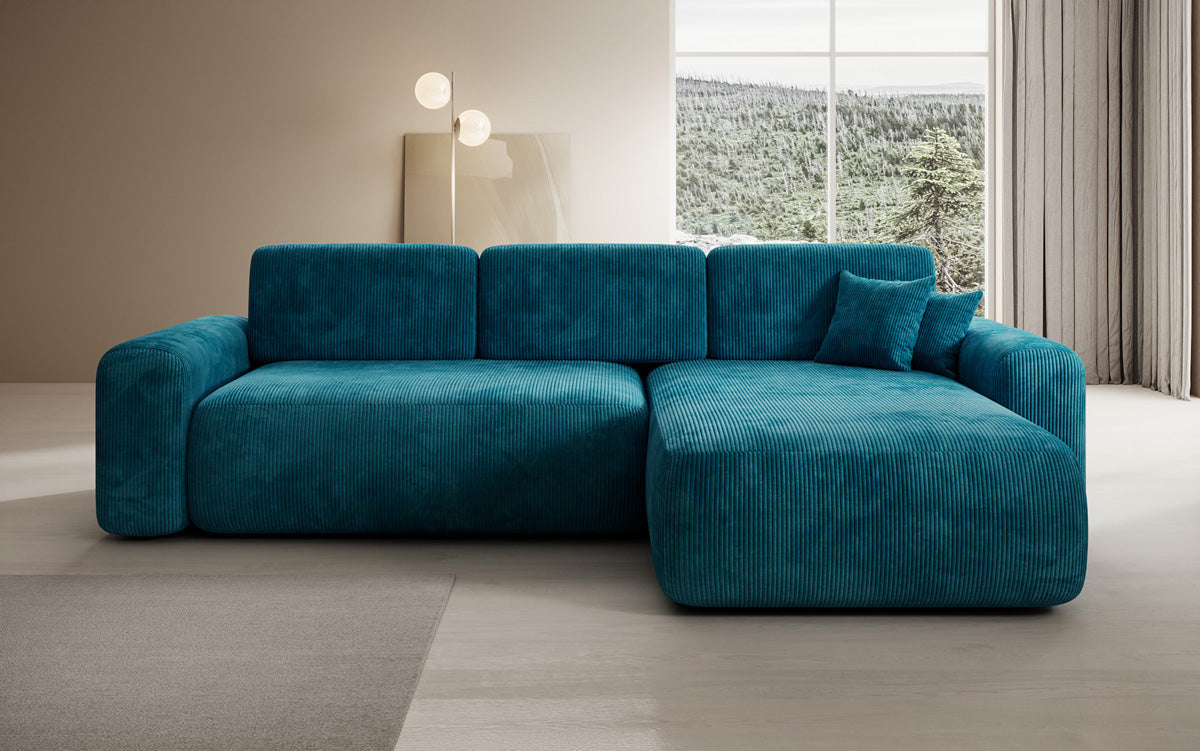 Canapé d’angle design Lola avec fonction couchage et fonction rabattable en Côtelé