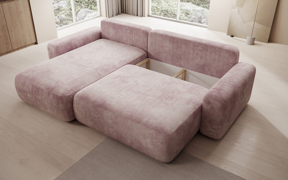 Canapé d’angle design Lola avec fonction couchage et fonction rabattable en Côtelé