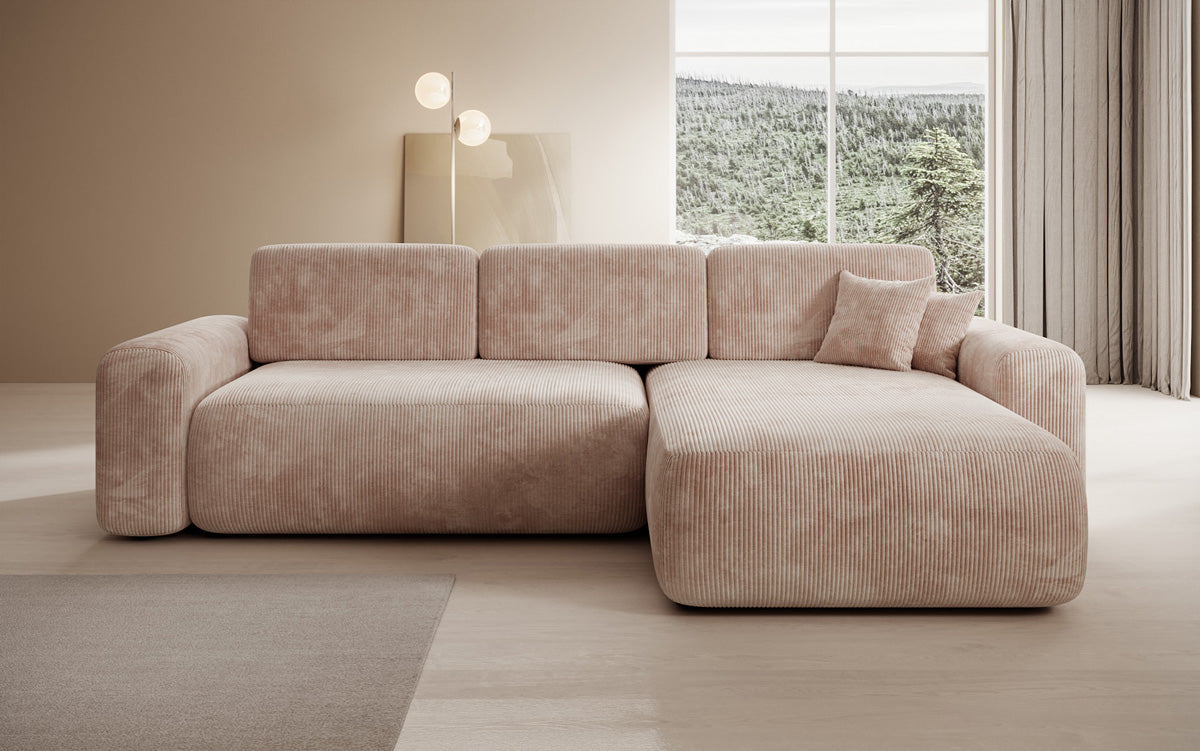 Canapé d’angle design Lola avec fonction couchage et fonction rabattable en Côtelé