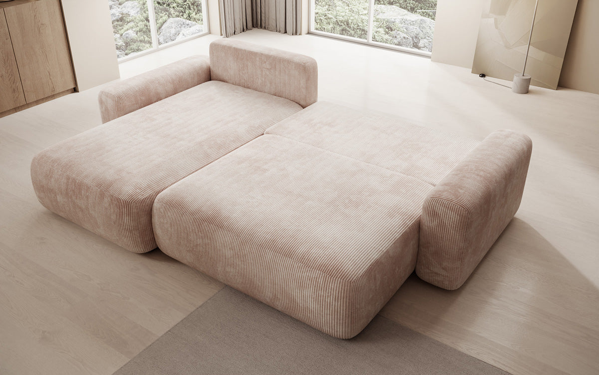 Canapé d’angle design Lola avec fonction couchage et fonction rabattable en Côtelé