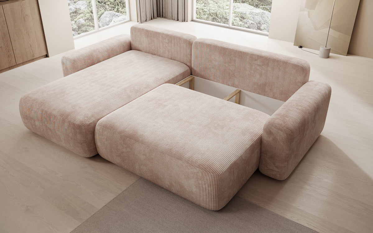 Canapé d’angle design Lola avec fonction couchage et fonction rabattable en Côtelé