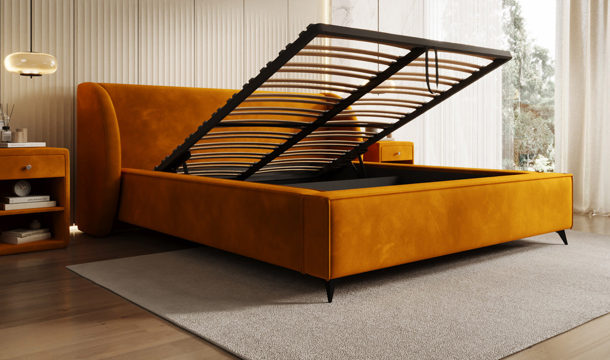 Designer Polsterbett Freya in Samt mit Stauraum