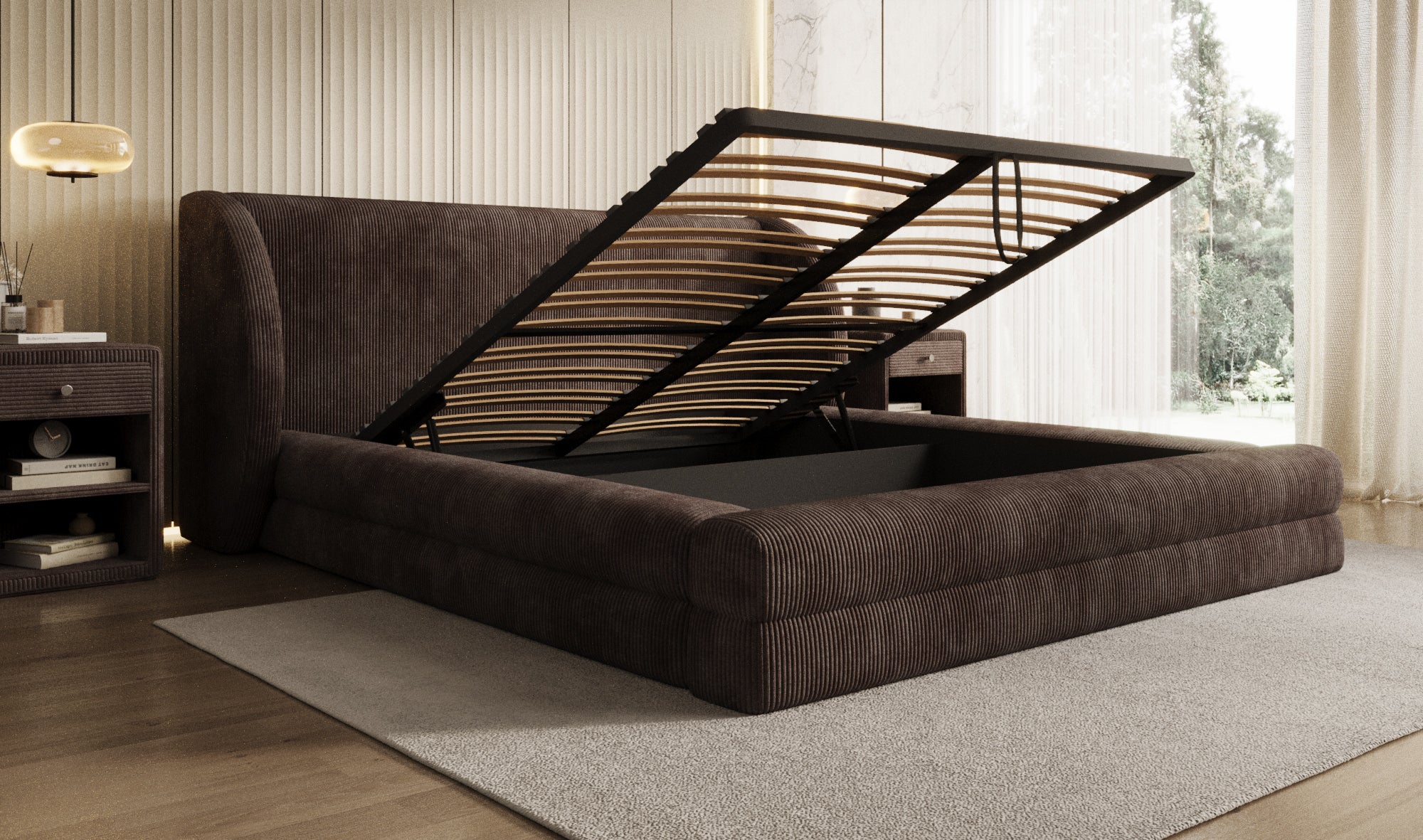 Designer Polsterbett Liv Cord mit Stauraum